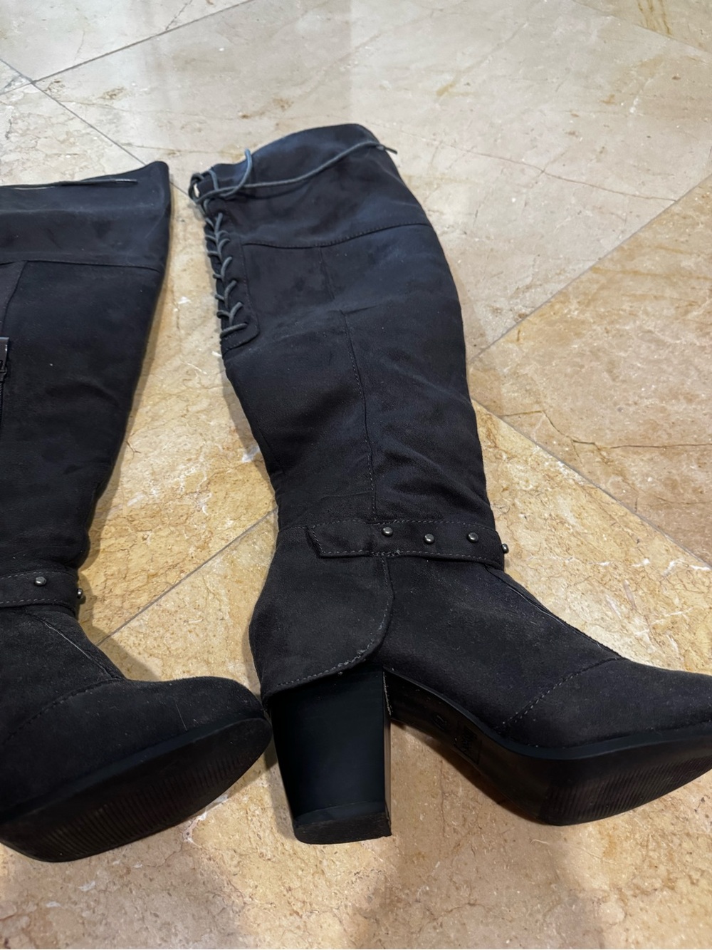 Black Suede Knee-High Block Heel Boots - Women's